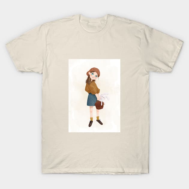 Girl with rabbit in bag T-Shirt by xiaolindrawing